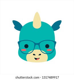 Cute cartoon dragon or dino with glasses. Funny kawaii character. Clip art for nursery room, card, poster, t-shirt print, stickers