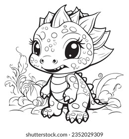 Cute cartoon dragon or dinosaur. Black and white vector illustration for coloring book