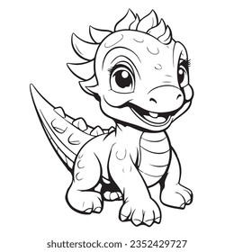 Cute cartoon dragon or dinosaur. Black and white vector illustration for coloring book	