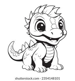 Cute cartoon dragon or dinosaur. Black and white vector illustration for coloring book