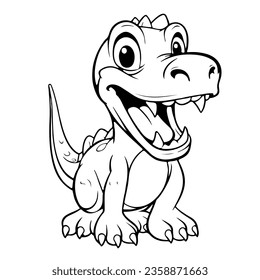 Cute cartoon dragon or dinosaur. Black and white vector illustration for coloring book	
