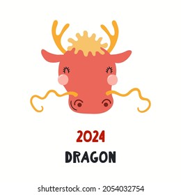 Cara de dragón de dibujos animados, signo de zodiaco asiático, símbolo astrológico, aislado en blanco. Ilustración vectorial dibujada a mano. Diseño de estilo plano. 2024 Tarjeta china de Año Nuevo, pancarta, afiche, elemento horóscopo.