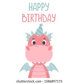 Cute cartoon dragon. Festive toothy smiling pink funny dinosaur with blue wings. Scandinavian style. Happy birthday greeting card. Vector illustration for kids wall art. Nursery print.