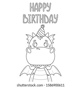 Cute cartoon dragon. Festive toothy smiling pink funny dinosaur with blue wings. Scandinavian style. Happy birthday greeting card. Vector illustration for coloring book. Outline picture.