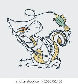Cute cartoon dragon with fish, doodle fishing childish vector illustration.
