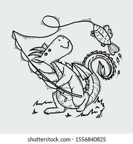 Cute cartoon dragon with fish, doodle fishing childish vector illustration.