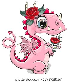 Cute Cartoon Dragon with flower isolated on a white background