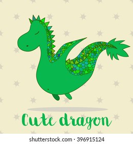 Cute cartoon dragon flying. Card with cartoon character for toy store , fairy fail book or children book.