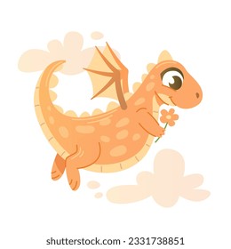 Cute cartoon dragon is flying with a flower in his hands against the background of clouds.