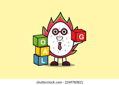 Cute cartoon Dragon fruit businessman stacking goal box in flat modern style design