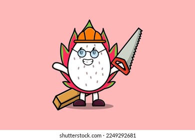 Cute cartoon Dragon fruit as carpenter character with saw and wood in flat modern style design