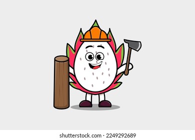 Dibujo lindo Fruto dragón como carpintero con hacha y madera de estilo moderno plano