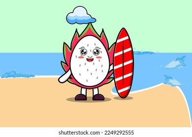 Dibujo lindo personaje de Dragon jugando al surf con tablas de surf