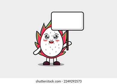 Cute cartoon Dragon fruit character holding blank board in vector flat cartoon style illustration