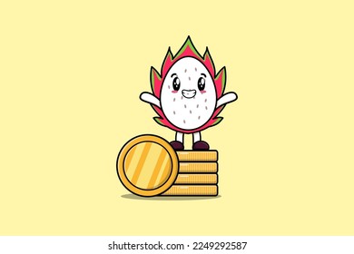 Cute cartoon Dragon fruit character standing in stacked gold coin vector illustration flat cartoon