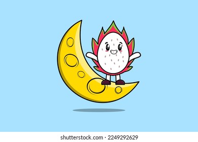 Cute cartoon Dragon fruit character standing on the crescent moon in 3d modern design illustration