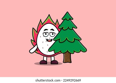 Cute cartoon Dragon fruit character hiding tree in flat modern design in modern style design