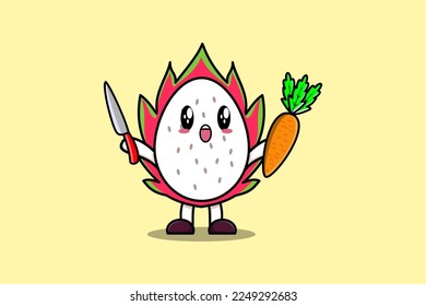 Cute cartoon Dragon fruit character holding knife and carrot in modern style design