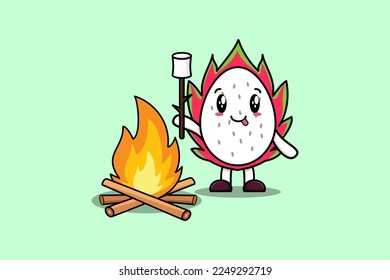 Cute cartoon dragon fruit character is burning marshmallow