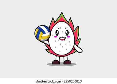 Cute cartoon Dragon fruit character playing volleyball in flat cartoon style illustration