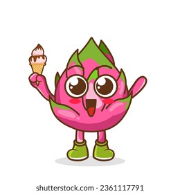 Cute Cartoon dragon fruit fruit character holding ice cream cone