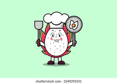 Dibujo de dibujos animados Dragon Fogón personaje del chef sosteniendo la sartén y la espátula en una ilustración de estilo de dibujos animados planos