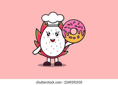 Cute cartoon Dragon fruit chef character donuts in flat cartoon style illustration