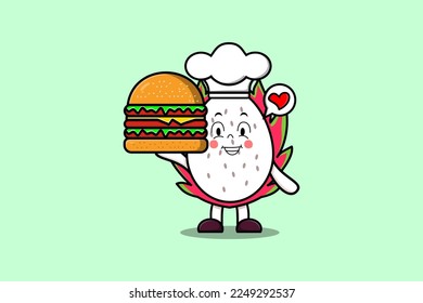 Cute cartoon Dragon fruit chef character holding burger in flat cartoon style illustration
