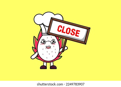 Cute cartoon Dragon fruit chef character holding close sign board designs in flat cartoon style