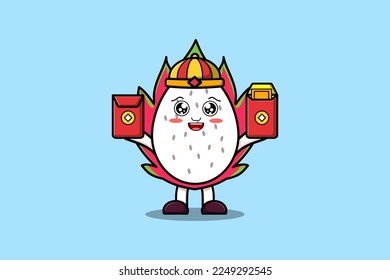 Cute cartoon Dragon fruit chinese character holding red packets vector icon illustration