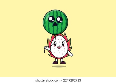 Cute cartoon Dragon fruit floating with watermelon balloon in flat cartoon vector icon illustration