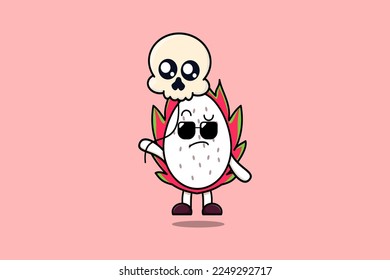 Cute cartoon Dragon fruit floating with skull balloon in flat cartoon vector icon illustration