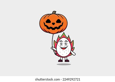 Cute Cartoon Drachenfrucht schwimmend mit Kürbis-Hals-Ballon in flacher Cartoon-Ikone