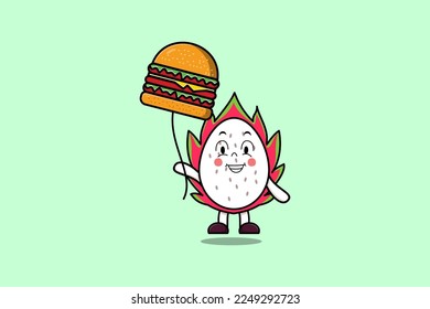 Dibujo lindo fruta Dragon flotando con globo de hamburguesa en ilustración vectorial plana