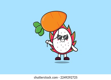 Cute Cartoon Drachenfrucht, die mit Karottenballon schwimmt, auf flachem Cartoon, Vektorsymbol