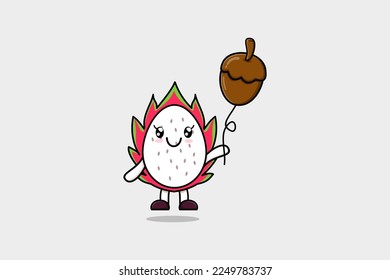 Cute cartoon Dragon fruit floating with acorn balloon cartoon vector illustration