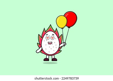 Cute cartoon Dragon fruit floating with balloon cartoon vector illustration flat cartoon style