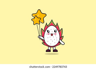 Cute cartoon Dragon fruit floating with star balloon cartoon vector illustration