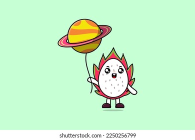 Cute cartoon Dragon fruit floating with planet balloon cartoon vector illustration
