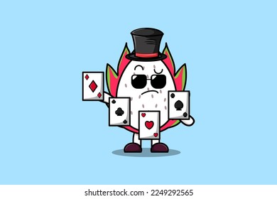 Cute cartoon Dragon fruit magician character playing magic cards in flat cartoon style illustration