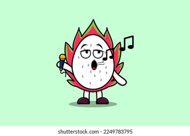 Cute cartoon Dragon fruit singer character holding mic in flat modern style design illustrations