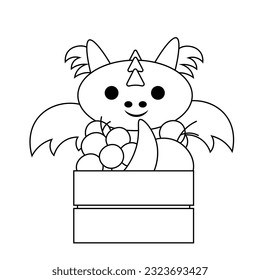 Cute cartoon Dragon with fruit in wooden box in black and white