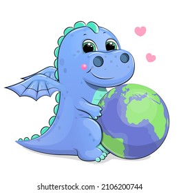 Cute cartoon dragon with a globe. Vector illustration of an animal on a white background.