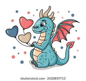 Cute cartoon dragon with heart balloon. Valentines day greeting card. Vector illustration isolated on white background for print, card and poster.