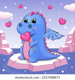 Cute cartoon dragon and heart candy  Vector illustration an animal an iceberg 