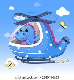 Un dragón de dibujos animados en un helicóptero. Ilustración vectorial de un animal en el cielo con nubes y mariposas.