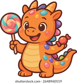 A cute cartoon dragon holding a colorful lollipop and candy. Fun and playful fantasy character design, perfect for kids' illustrations, candy-themed art, or children's products.