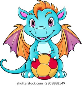 Cute cartoon dragon holding a soccer ball. Vector illustration isolated on white background.