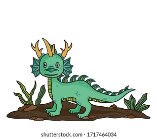 Cute cartoon dragon horned. Colorful vector illustration for t-shirt design and picture book