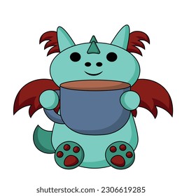 Cute cartoon dragon with large mug in color